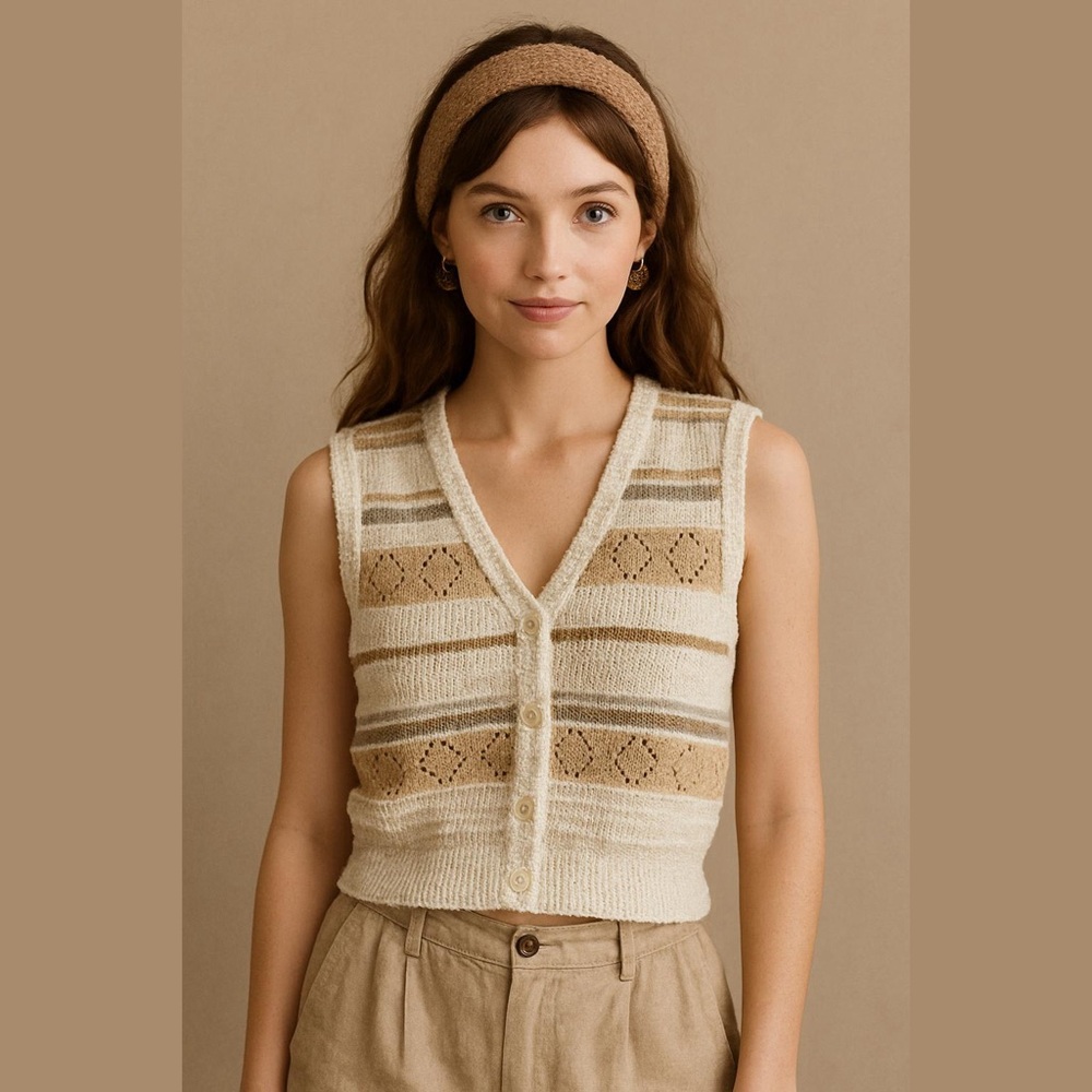 Vintage Liz Sport Sweater Vest Womens Size S Boho Preppy 90s Neutral Earthy